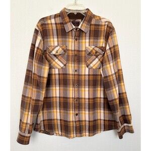 prAna Lybek Long Sleeve Flannel Shirt Jacket Brown Yellow Outdoors Men's Large